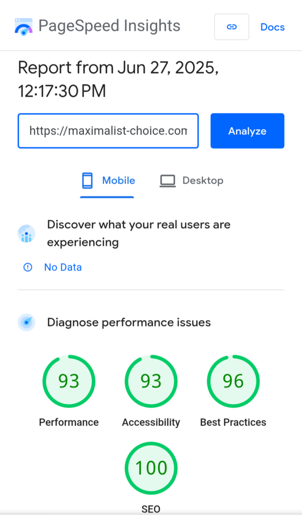 自身のブログのPageSpeed Insightsのスコアキャプチャ