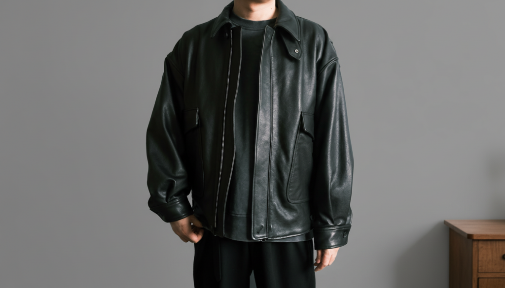 YOKEのレザーフライトジャケットの着用画像