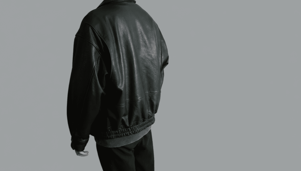 YOKEのレザーフライトジャケットの斜めからの着用画