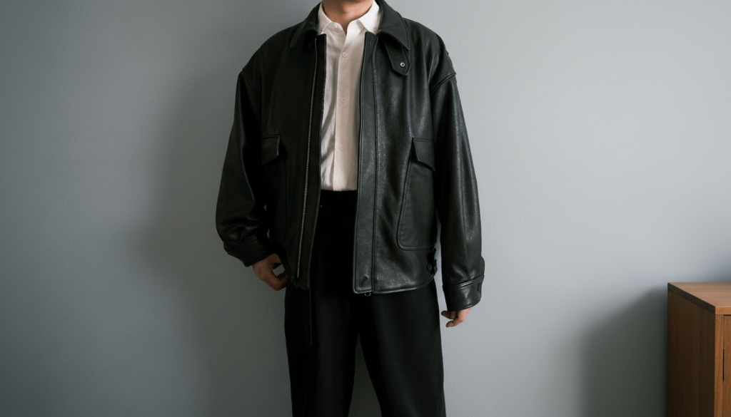 YOKEのレザーフライトジャケットの白シャツコーディネート