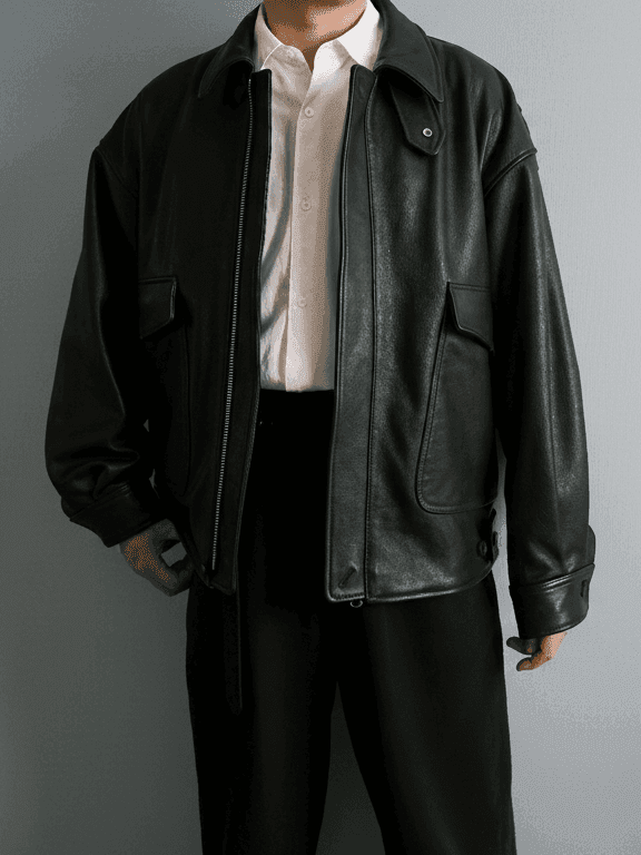 YOKEのレザーフライトジャケットの白シャツコーディネート